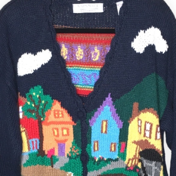 Vintage Karen Scott Hand Knits Village Train Cardigan - Picture 7 of 10